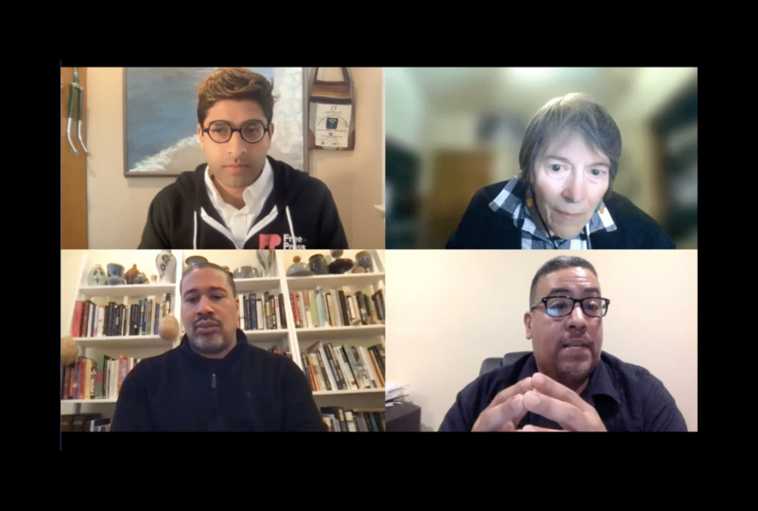 Media Power Collaborative event featuring Sanjay Jolly and Nan Rubin (top row) and Dr. Letrell Deshan Crittenden and Joseph Torres (bottom row)