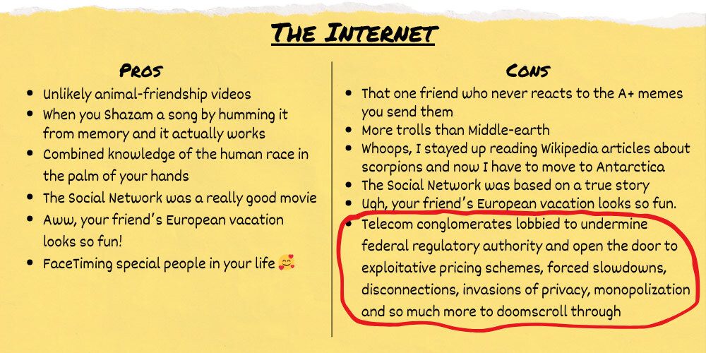 A handwritten "pros and cons" list weighing in on whether the internet is good or bad